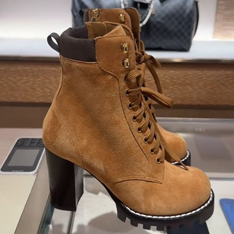 Star Trail Ankle Boots New Women Designer brown Suede Calf Leather High Heel Lug Sole Lace Up Combat Booties Winter Warm Shoes Large Size EU42 1178 - 6 of 8