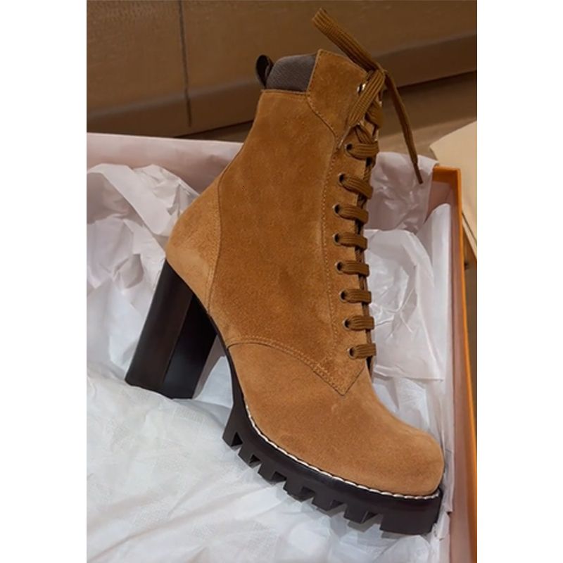 Star Trail Ankle Boots New Women Designer brown Suede Calf Leather High Heel Lug Sole Lace Up Combat Booties Winter Warm Shoes Large Size EU42 1178 - 7 of 8
