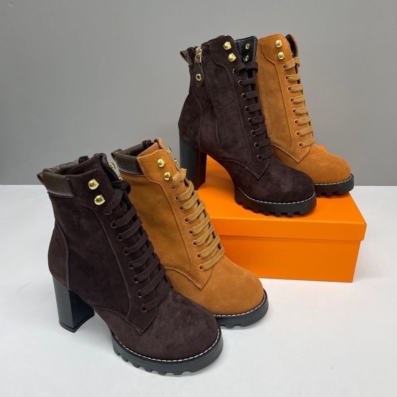 Star Trail Ankle Boots New Women Designer brown Suede Calf Leather High Heel Lug Sole Lace Up Combat Booties Winter Warm Shoes Large Size EU42 1178 - 1 of 8