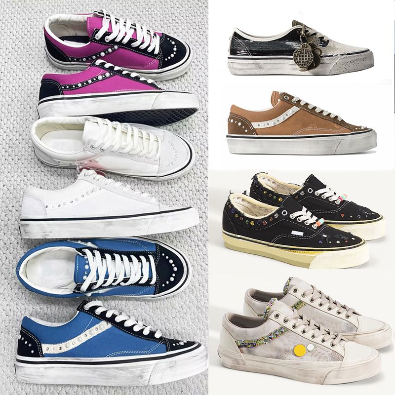 Designer Men Women Vintage Distressed Canvas Trainers Luxury Pearl Side Stripe Sneakers Multi Material Spliced Lace Up Walking Shoes 1083 - 2 of 9