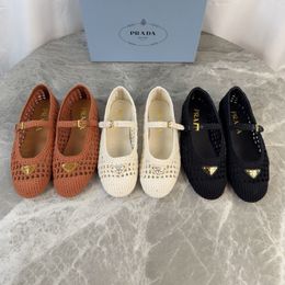 mesh ballet flats designer Classic Mary Jane Shoes Coarse Heel Flat Heel Woven Mesh Metal Buckle Women Dance Casual Ballet Shoes jane Shoes - putianbuy