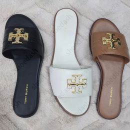Designer Shoes Eleanor Metal Logo Decor Slide Slippers Women Rhinestone Flat Open Toe Slip On Sandals Summer Beach Casual Outdoor Daily Shoes - putianbuy