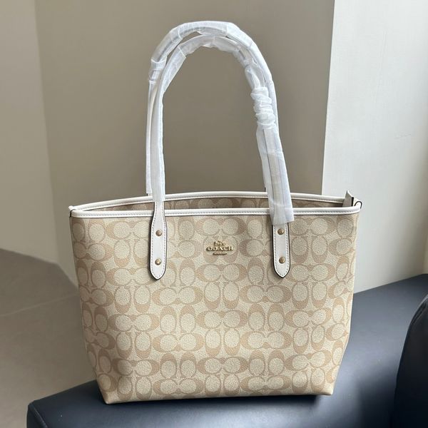 Women's Beige Classic Signature Tote Bag Top Handle Large Capacity White Trim Gold Hardware Zipper Closure Casual Handbag For Work Commute Shopping Travel - Bags, Luggage & Accessories - putianbuy