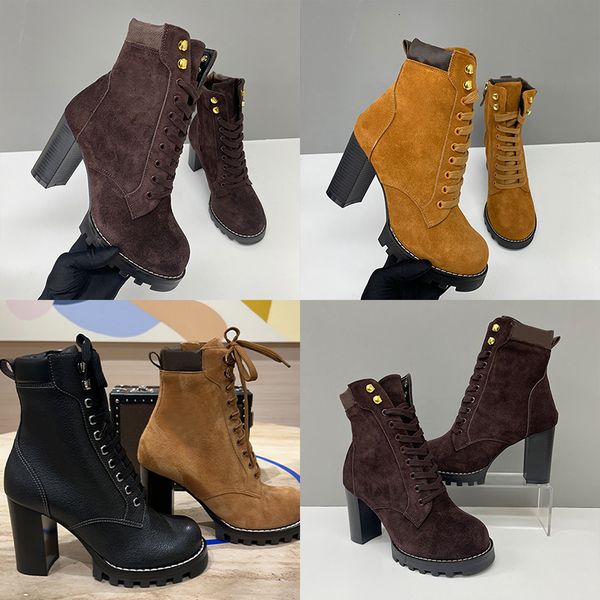 2026 Luxury Star Trail Ankle Boots Premium Women's Suede Calf Leather High-Heel Boot Camel Brown Chunky Block Heels Trendy Winter Footwear 1178 - Shoes & Accessories - putianbuy