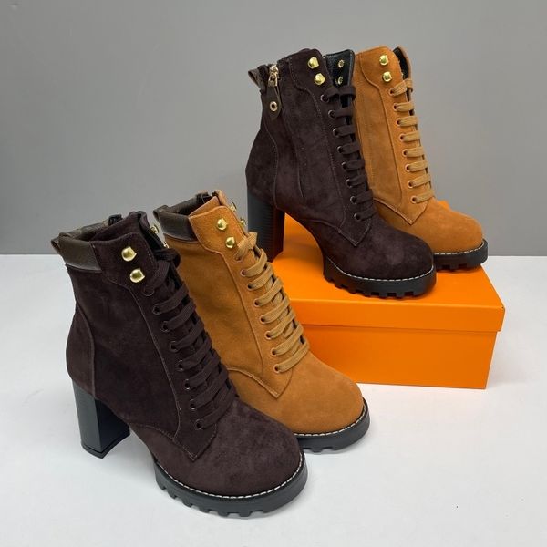 Star Trail Ankle Boots New Women Designer brown Suede Calf Leather High Heel Lug Sole Lace Up Combat Booties Winter Warm Shoes Large Size EU42 1178 - Shoes & Accessories - putianbuy
