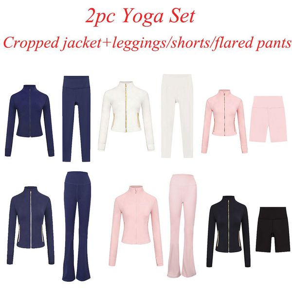 2Pc Gym Set Cropped Jacket Gym Clothe Woman Crop Jacket Women Leggings Run Short Workout Outfits Fitness Leggings for Woman Designer - Sports & Outdoors - putianbuy