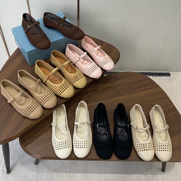 2026 Designer Crochet Knit Hollow Out Ballerina Flats Women Woven Mesh Mary Jane Shoes Triangle Breathable Adjustable Ankle Strap Casual Flat Pumps 1138 - Shoes & Accessories - putianbuy