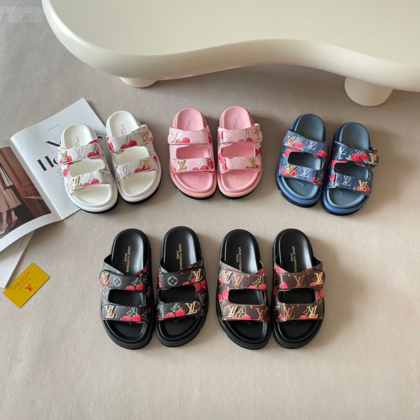LV x TM Pool Pillow Flat Mule Cherry Print Platform Slide Sandals Women Adjustable Double Strap Metal Thick Sole Casual Outdoor Beach Couple Slippers Multiple colors - Shoes & Accessories - putianbuy
