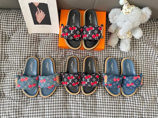 LV x TM Murakami Cherry Maya Sunset Flat Comfort Sandal Strap Platform Slide Sandals for Women Comfort Outdoor Beach Vacation Casual Slippers Multiple colors - Shoes & Accessories - putianbuy